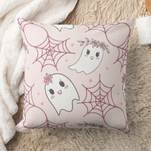 Pastel Pink Ghost Halloween Kawaii Pattern Throw Pillow