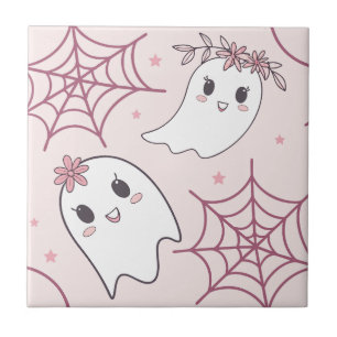 Pastel Pink Ghost Halloween Kawaii Pattern Tile