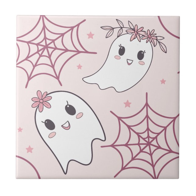 Pastel Pink Ghost Halloween Kawaii Pattern Tile (Front)