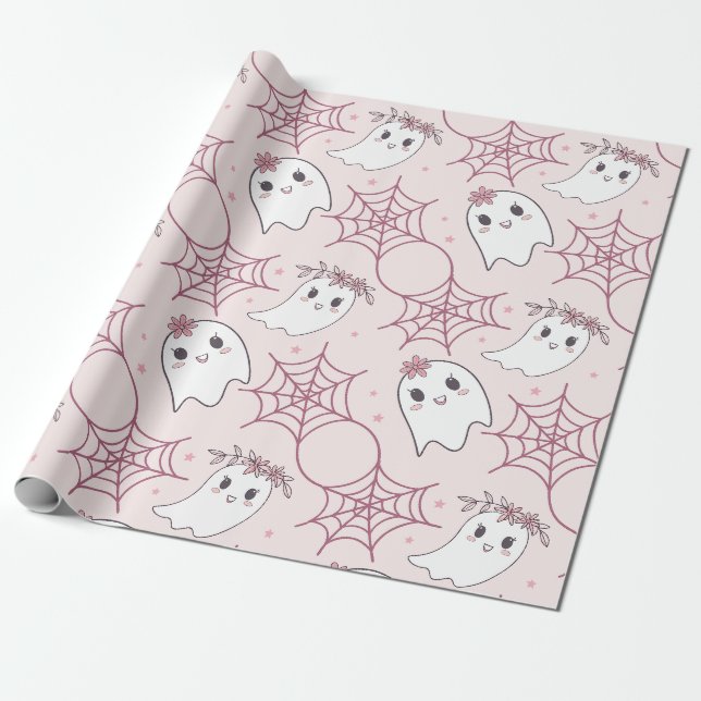Pastel Pink Ghost Halloween Kawaii Pattern Wrapping Paper (Unrolled)