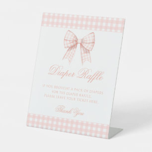 Pastel pink gingham bow baby shower diaper raffle pedestal sign