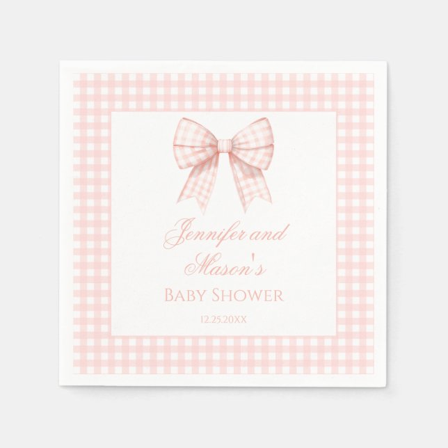 Pastel pink gingham bow ribbon baby girl shower napkin (Front)