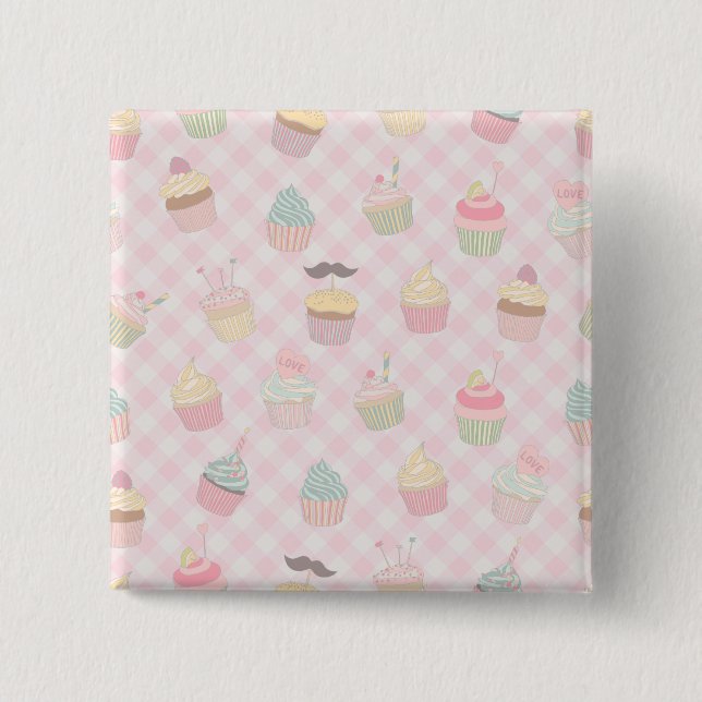 Pastel Pink Gingham Cute Cupcakes Pattern 2 Inch Square Button (Front)
