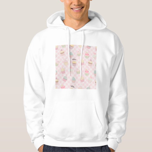 Pastel Pink Gingham Cute Cupcakes Pattern Hoodie (Front)