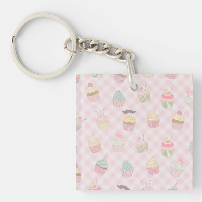 Pastel Pink Gingham Cute Cupcakes Pattern Keychain (Front)