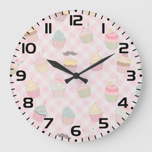 Pastel Pink Gingham Cute Cupcakes Pattern Large Clock (Front)