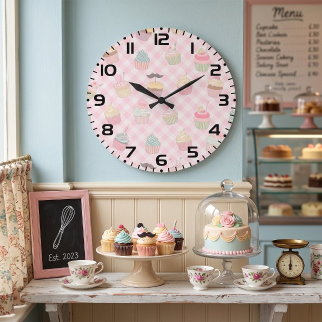Pastel Pink Gingham Cute Cupcakes Pattern Large Clock (Creator Uploaded)