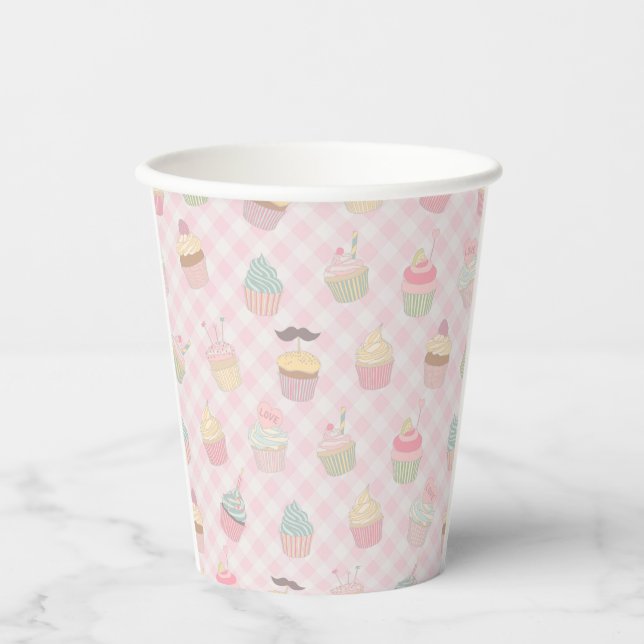 Pastel Pink Gingham Cute Cupcakes Pattern Paper Cups (Front)
