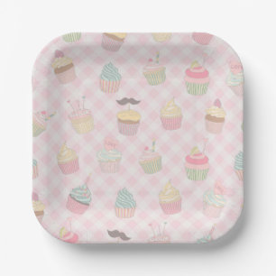 Pastel Pink Gingham Cute Cupcakes Pattern Paper Plate