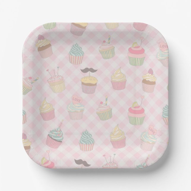 Pastel Pink Gingham Cute Cupcakes Pattern Paper Plate (Front)