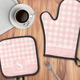 Pastel Pink Gingham Plaid Chequered Monogrammed Oven Mitt & Pot Holder Set