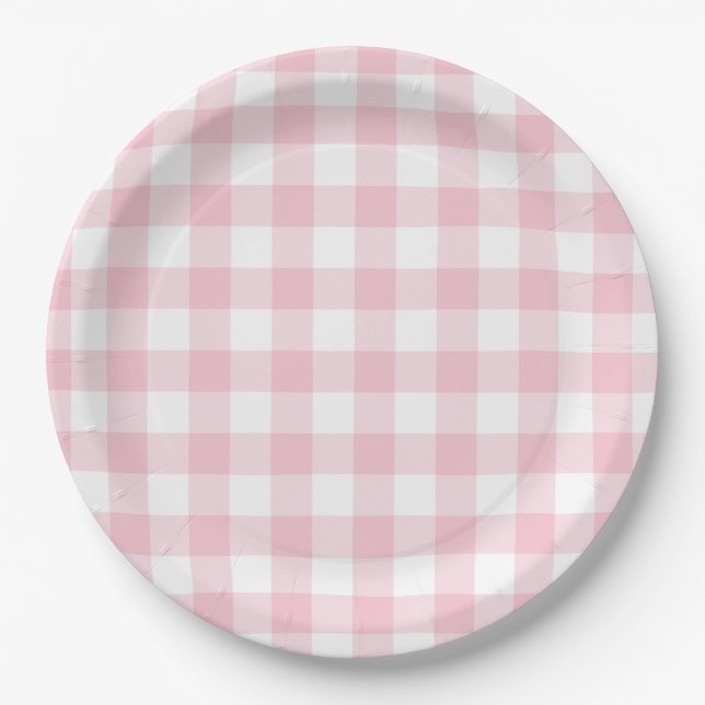 Pastel Pink Gingham Plaid Pattern Paper Plate (Front)