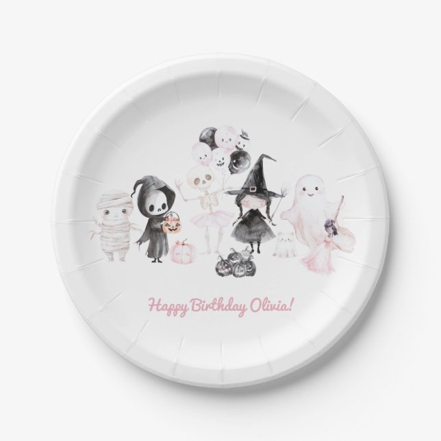 Pastel pink girl halloween birthday paper plate (Front)