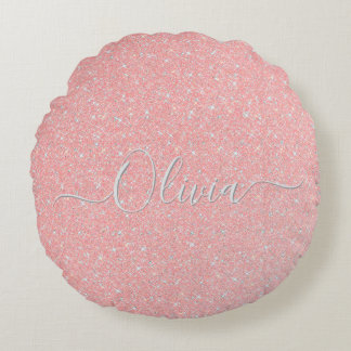 Pastel Pink Glitter Sparkle Custom Name Round Pillow