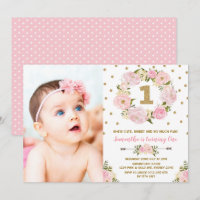 Pastel Pink Gold Floral First 1st Birthday Invite