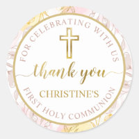 Pastel Pink Gold Floral First Communion Thank You