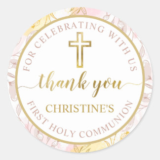 Pastel Pink Gold Floral First Communion Thank You Classic Round Sticker