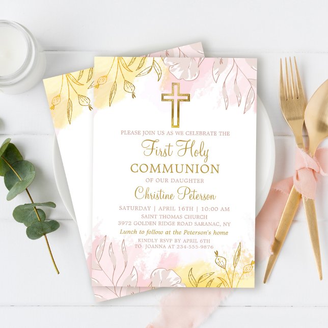 Pastel Pink Gold Floral First Holy Communion Invitation (Creator Uploaded)