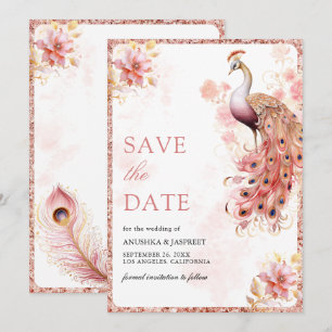 Pastel Pink Gold Floral Indian Peacock Wedding Save The Date