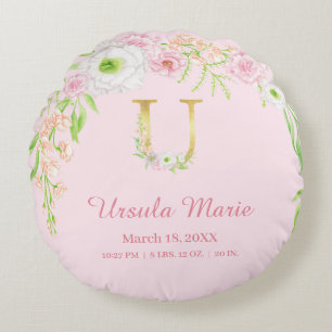 Pastel Pink Gold Monogram "U" Baby Girl Stats Round Pillow