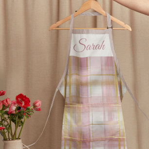 Pastel Pink & Gold Plaid Custom Name Kitchen Apron