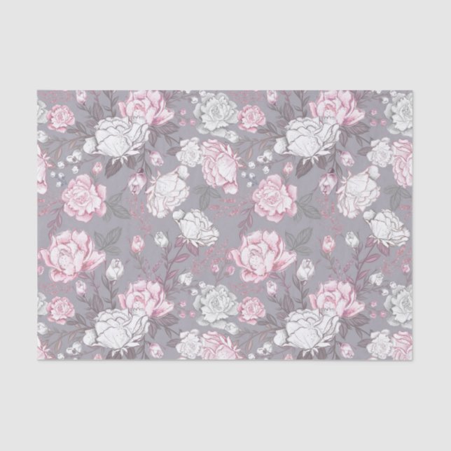 PASTEL PINK & GRAY BABY GIRL FLOWERS TISSUE PAPER (Front)