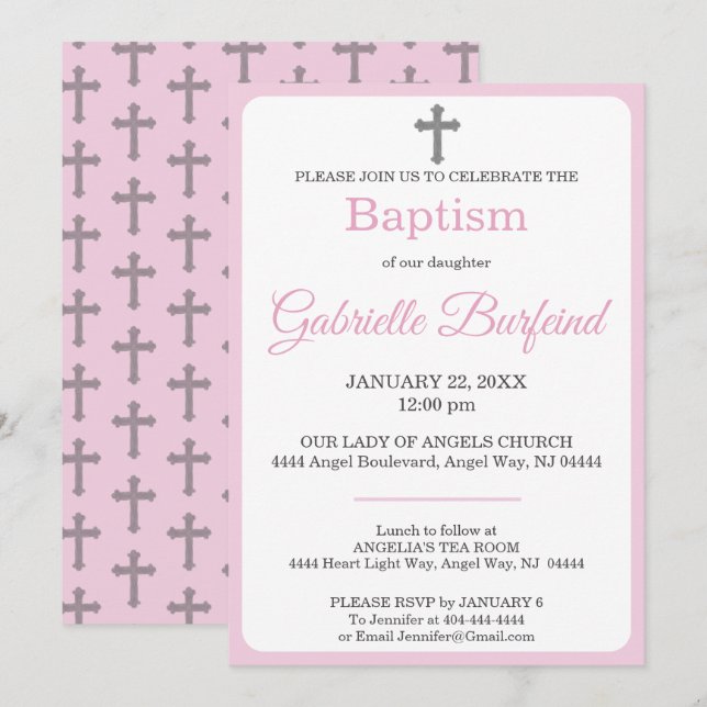 Pastel Pink & Gray Cross Watercolor Baptism Invitation (Front/Back)