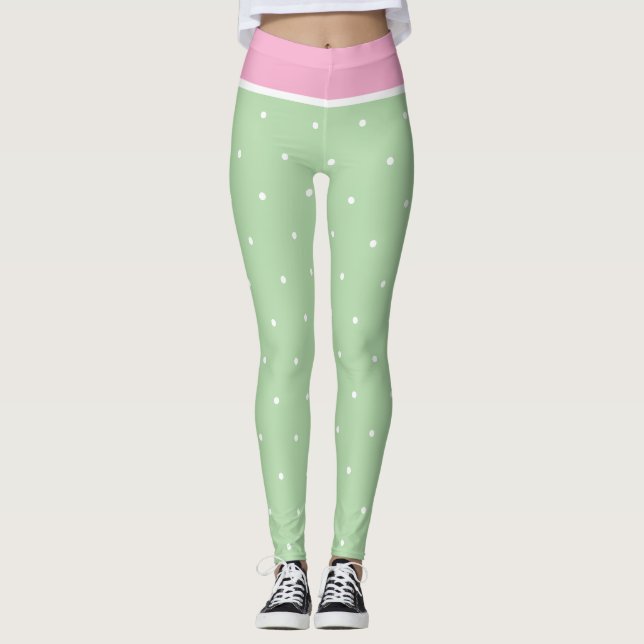 Pastel Pink Green and White Polka Dots Leggings (Front)