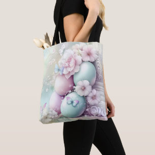 PASTEL PINK & GREEN EASTER EGGS & FLOWERS TOTE BAG