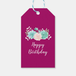 Pastel Pink & Green Floral Bouquet Happy Birthday Gift Tags