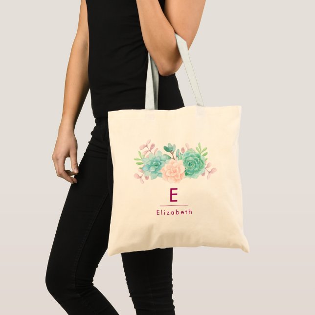 Pastel Pink & Green Floral Bouquet Monogram Tote Bag (Front (Product))