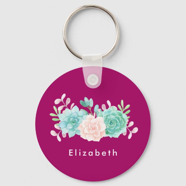 Pastel Pink & Green Floral Bouquet on Magenta Back Keychain (Front)