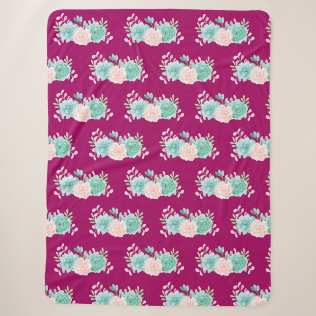 Pastel Pink & Green Floral Bouquet Pattern Sherpa Blanket (Front)