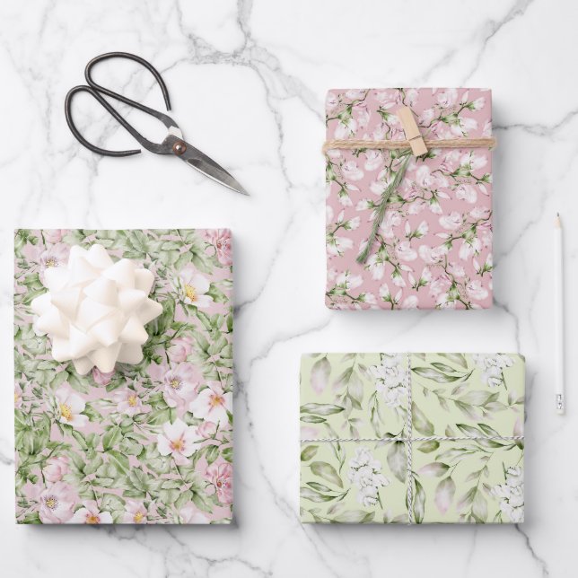 Pastel Pink Green Floral Wrapping Paper Sheet (Front)
