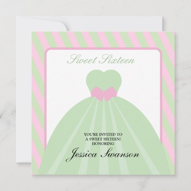Pastel Pink & Green Formal Gown Sweet Sixteen Invitation (Front)