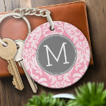 Pastel Pink & Grey Damask Pattern Custom Monogram Keychain<br><div class="desc">Add your monograms to this trendy and feminine floral damasks with popular colours. The damask has a whimsical chalkboard look.</div>