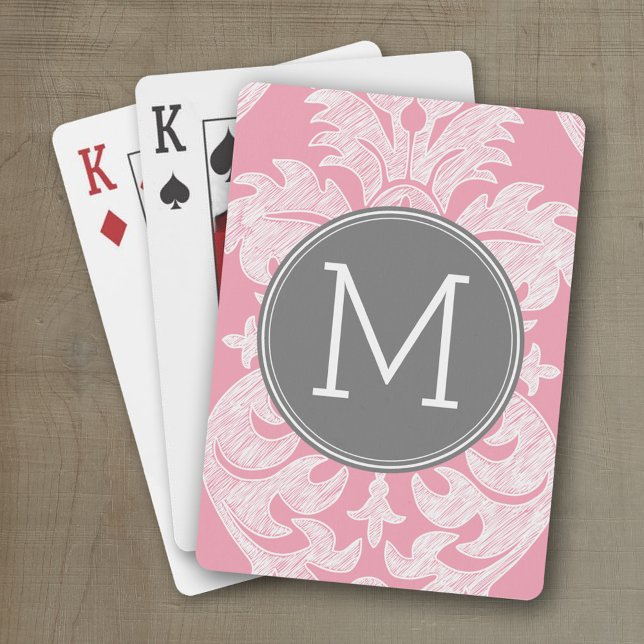Pastel Pink & Grey Damask Pattern Custom Monogram Playing Cards (Personalized playing cards with an area for text such as a name or monogram)