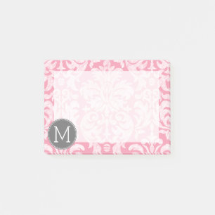 Pastel Pink & Grey Damask Pattern Custom Monogram Post-it Notes