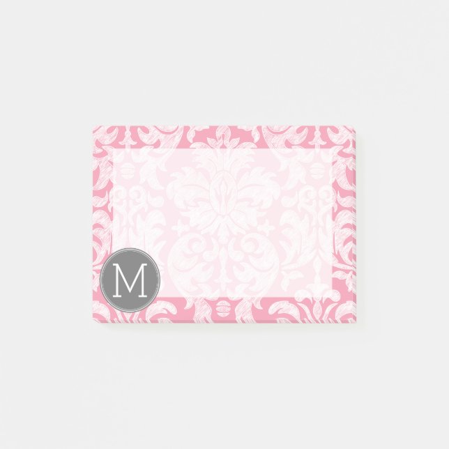 Pastel Pink & Grey Damask Pattern Custom Monogram Post-it Notes (Front)