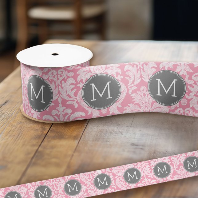 Pastel Pink & Grey Damask Pattern Custom Monogram Satin Ribbon (Custom Monogram Ribbon)