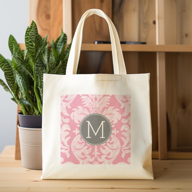 Pastel Pink & Grey Damask Pattern Custom Monogram Tote Bag (Personalized tote bag - pattern and monogram)