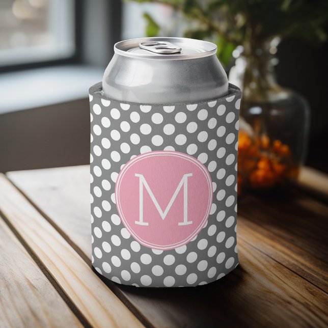 Pastel Pink & Grey Polka Dots with Custom Monogram Can Cooler (Celebrate with a personalized can cooler - add your name or monogram. Great party favor or gift)