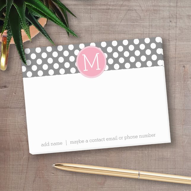 Pastel Pink & Grey Polka Dots with Custom Monogram Post-it Notes (Personalized post-it notes with an area to add your name or other text)