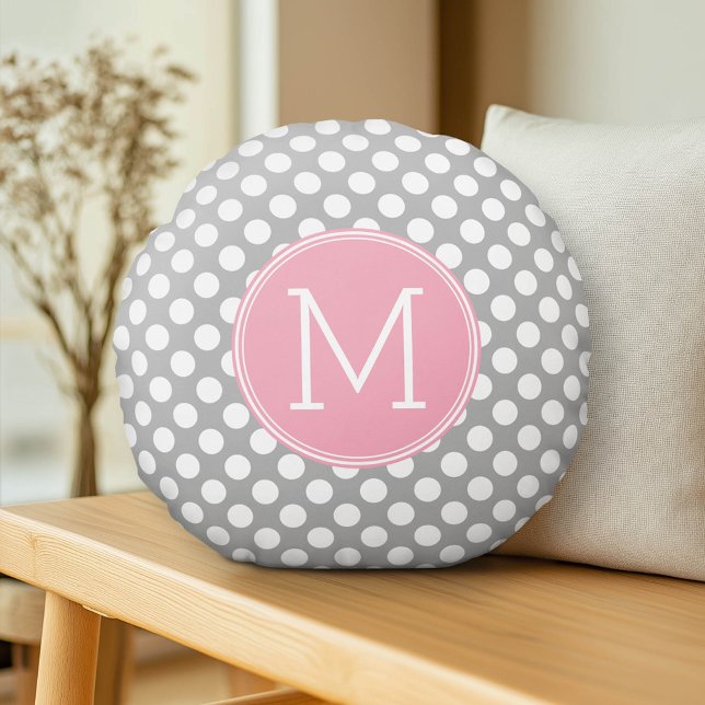 Pastel Pink & Grey Polka Dots with Custom Monogram Round Pillow (Custom Pillow)