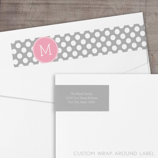 Pastel Pink & Grey Polka Dots with Custom Monogram Wrap Around Label (Custom Return Address Label with Wrap Around Feature)