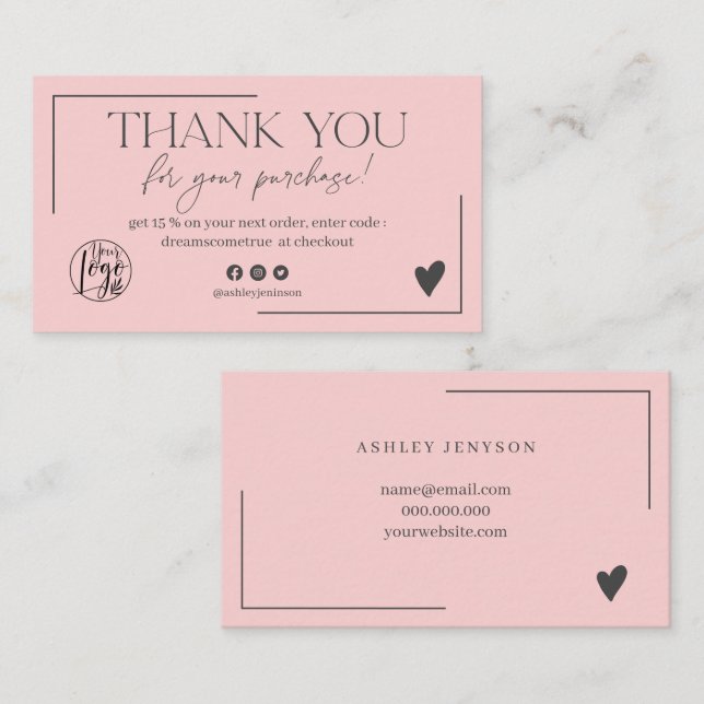Pastel pink grey script order thank you business card (Front/Back)