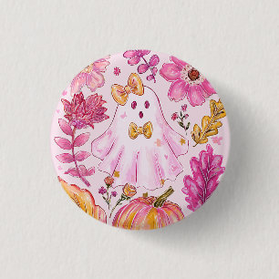 Pastel Pink Halloween Ghost with Flowers and Pumpk 1 Inch Round Button