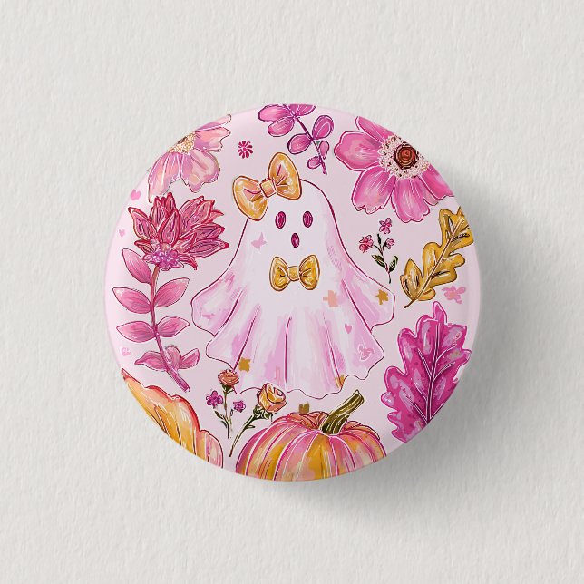 Pastel Pink Halloween Ghost with Flowers and Pumpk 1 Inch Round Button (Front)