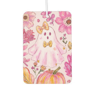 Pastel Pink Halloween Ghost with Flowers and Pumpk Air Freshener
