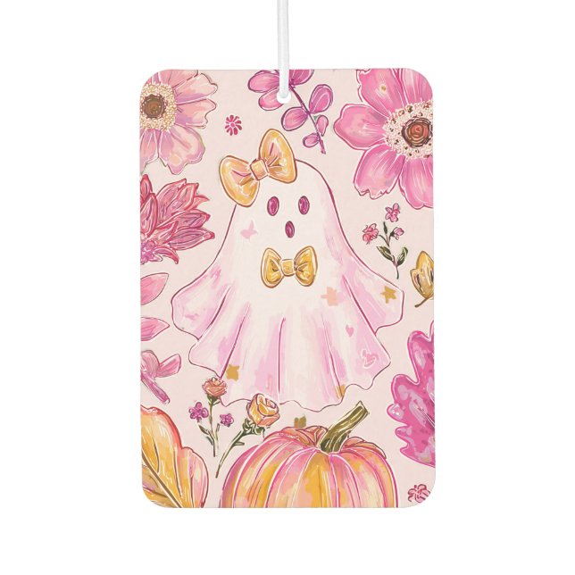 Pastel Pink Halloween Ghost with Flowers and Pumpk Air Freshener (Front)